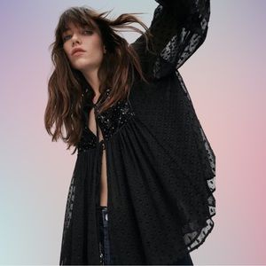 Zara Black Tasseled Plumetis Swiss Dot Jacket with Sequins